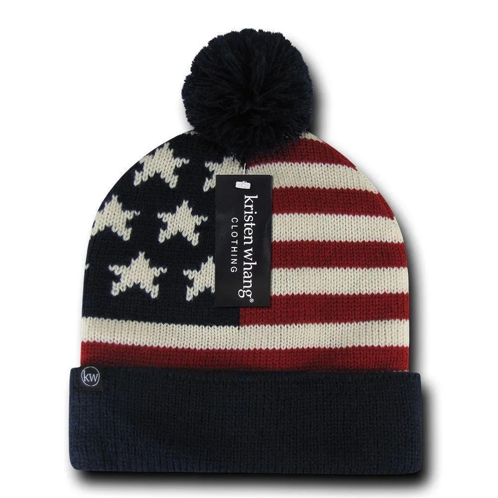 1 Dozen American USA Flag Stars Stripes Beanies Caps Hats Pom Pom Wholesale Lot Bulk