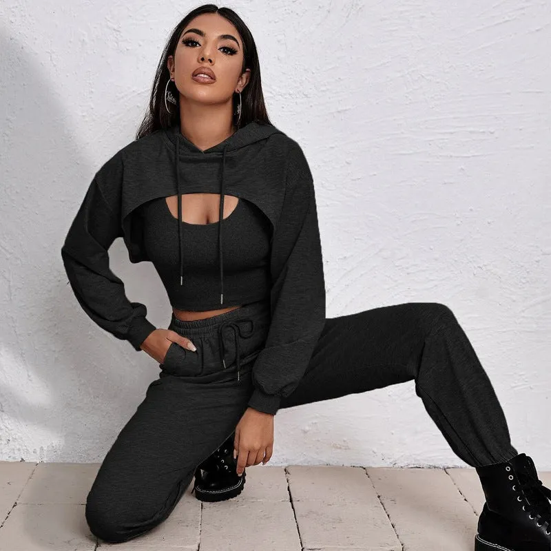 3pcs Solid Sets Short Hoodies   Tank Top   Haren Pants