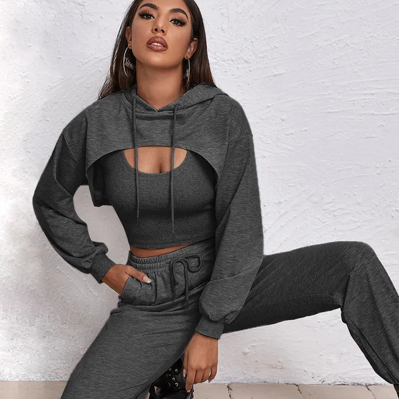 3pcs Solid Sets Short Hoodies   Tank Top   Haren Pants