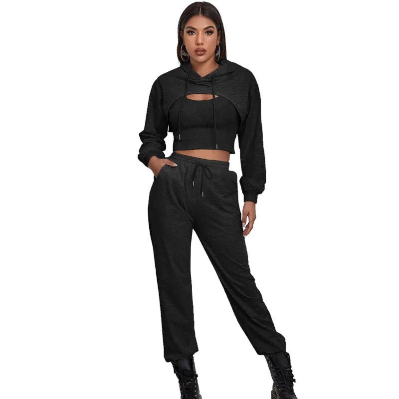 3pcs Solid Sets Short Hoodies   Tank Top   Haren Pants