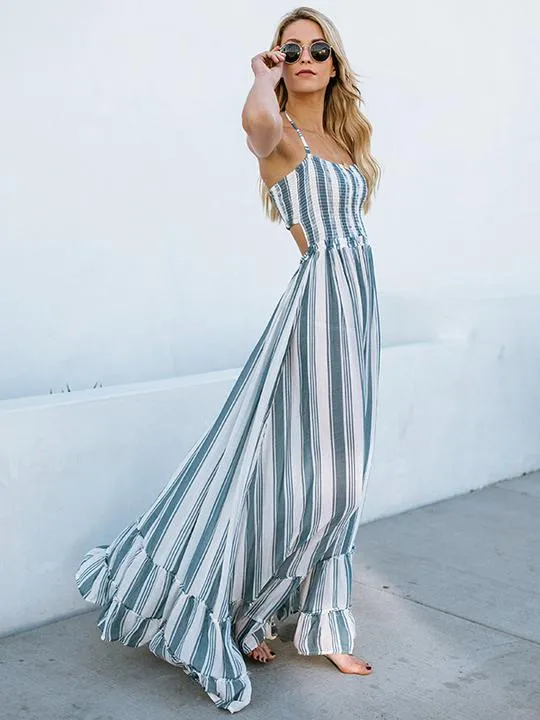 BerryBetty - Blue Backless Striped Maxi Dress