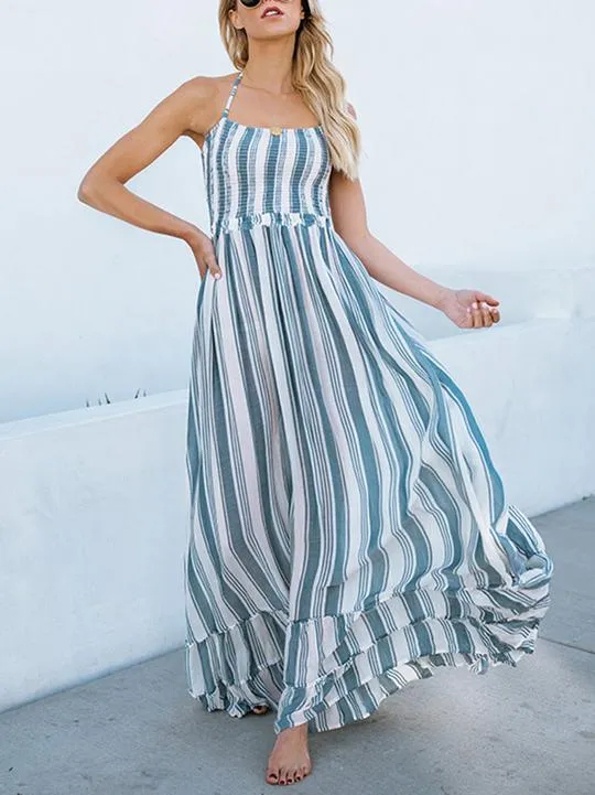 BerryBetty - Blue Backless Striped Maxi Dress