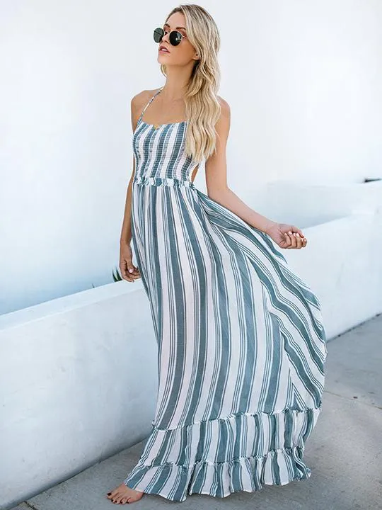 BerryBetty - Blue Backless Striped Maxi Dress