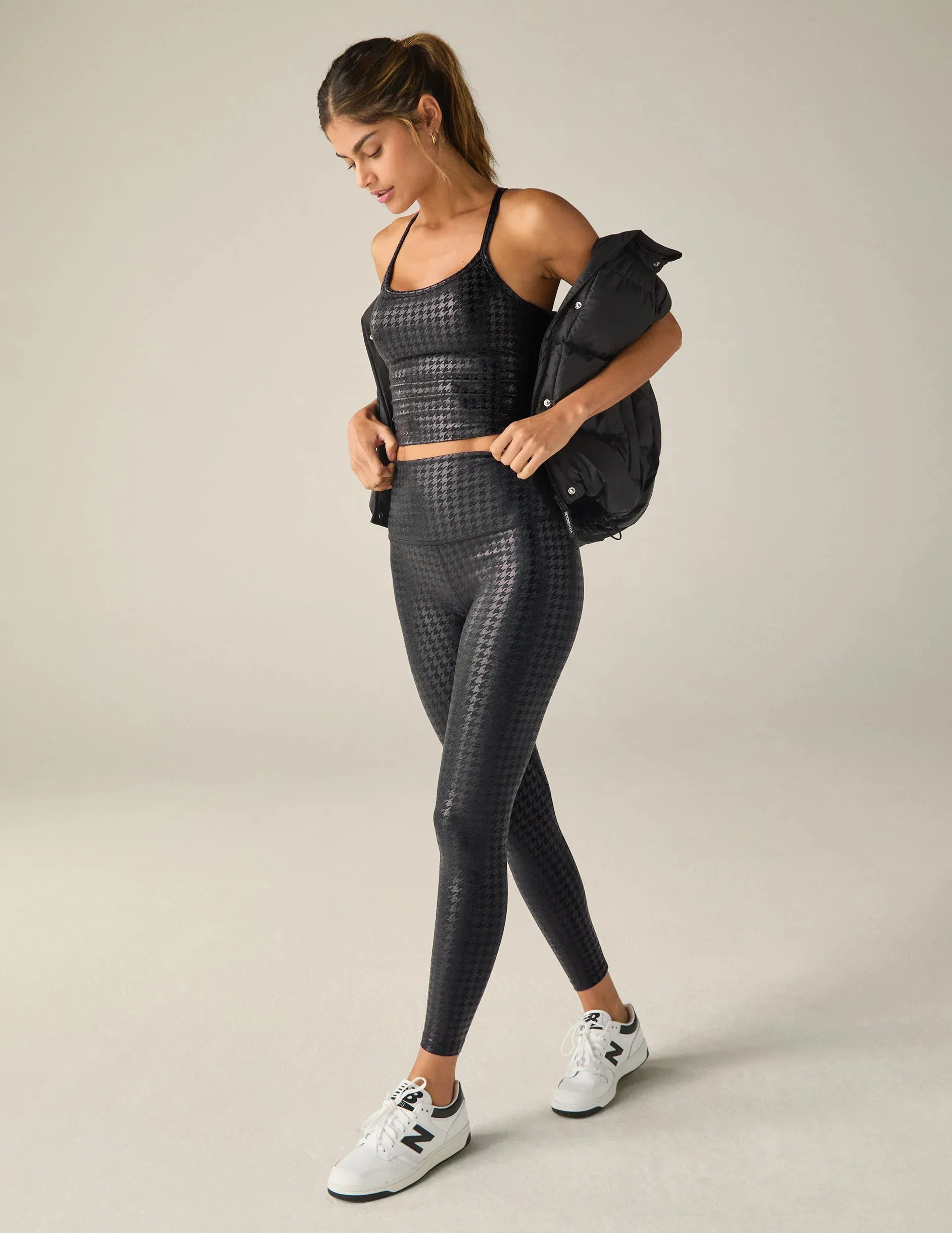 Beyond Yoga Houndstooth Black Slim Racerback High Cropped Tank