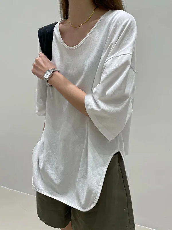 Casual Loose Split-Side Solid Color V-Neck T-Shirts Tops