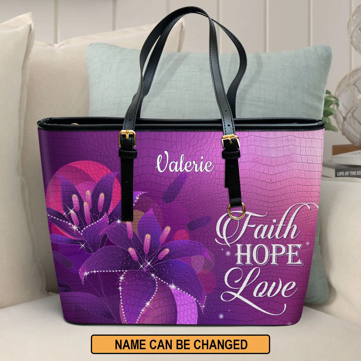 Faith Hope Love Personalized Large Leather Tote Bag - Christian Gifts For Women
