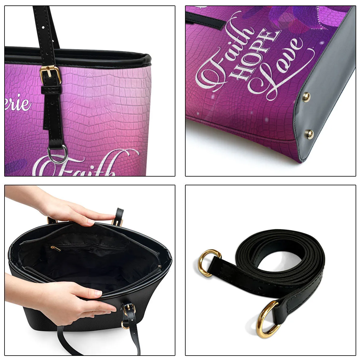 Faith Hope Love Personalized Large Leather Tote Bag - Christian Gifts For Women