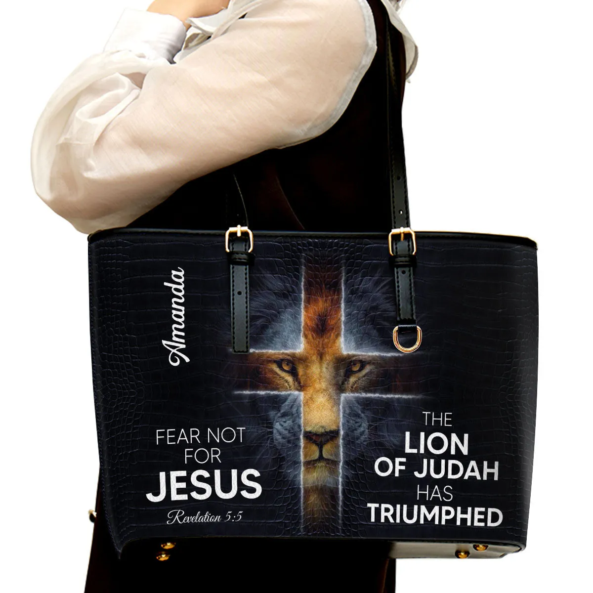 Fear Not For Jesus Personalized Lion Large Leather Tote Bag - Christian Gifts For Women