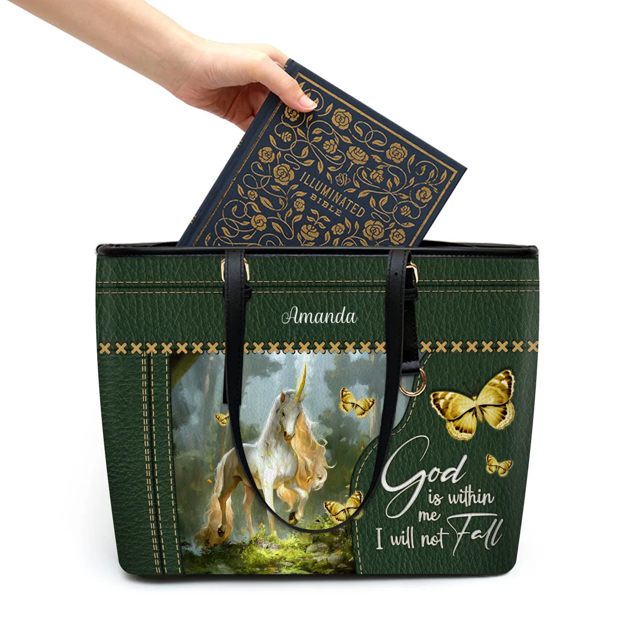 God Is Within Me I Will Not Fall Horse Personalized Unicorn Large Leather Tote Bag - Christian Gifts For Women