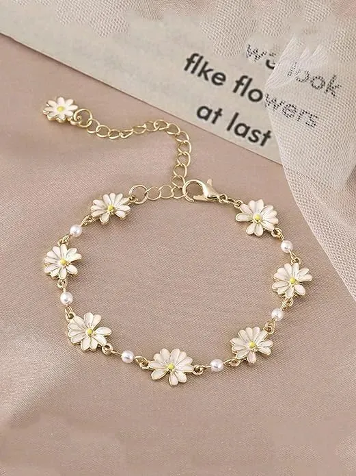 Gold Toned Floral Designed Pearl Studded Bracelet - Set Of 1