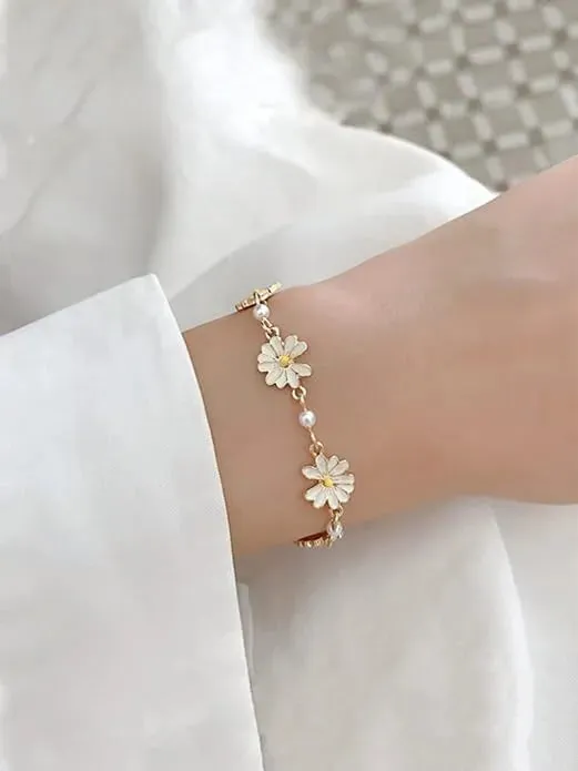 Gold Toned Floral Designed Pearl Studded Bracelet - Set Of 1