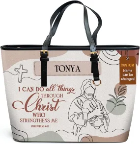 I Can Do All Things Personalized Large Leather Tote Bag - Christian Inspirational Gifts For Women