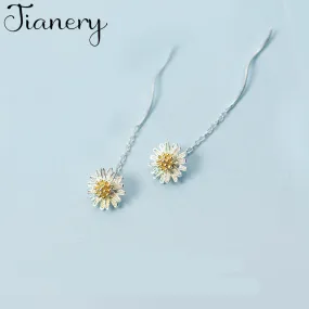 JIANERY 925 Sterling Silver Long Daisy Flower Earrings for Women Girls Christmas Gift Statement Jewelry Pendientes Plata 925