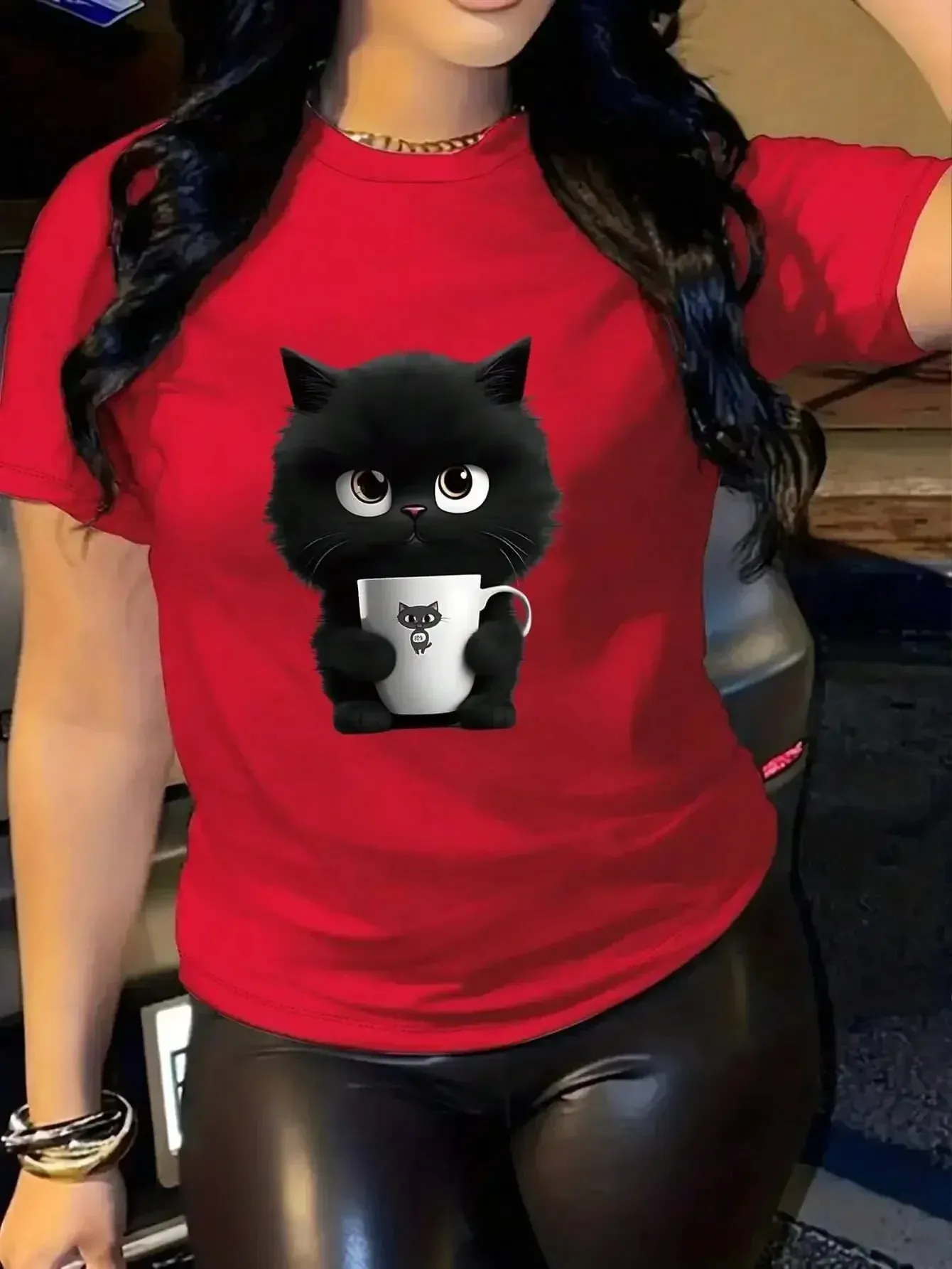 Kitten Cup Print Hip Hop Summer Oversize T-Shirt