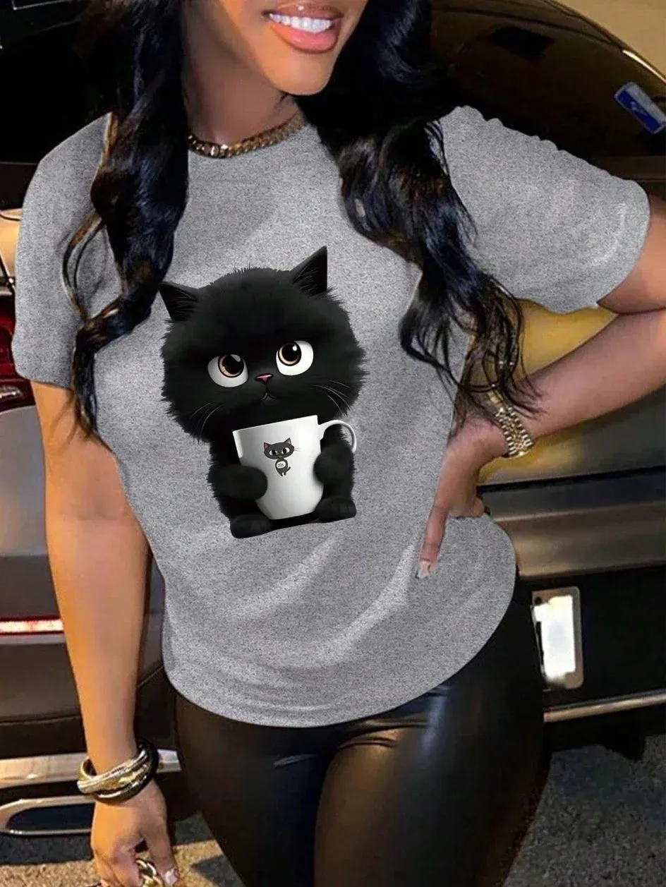 Kitten Cup Print Hip Hop Summer Oversize T-Shirt