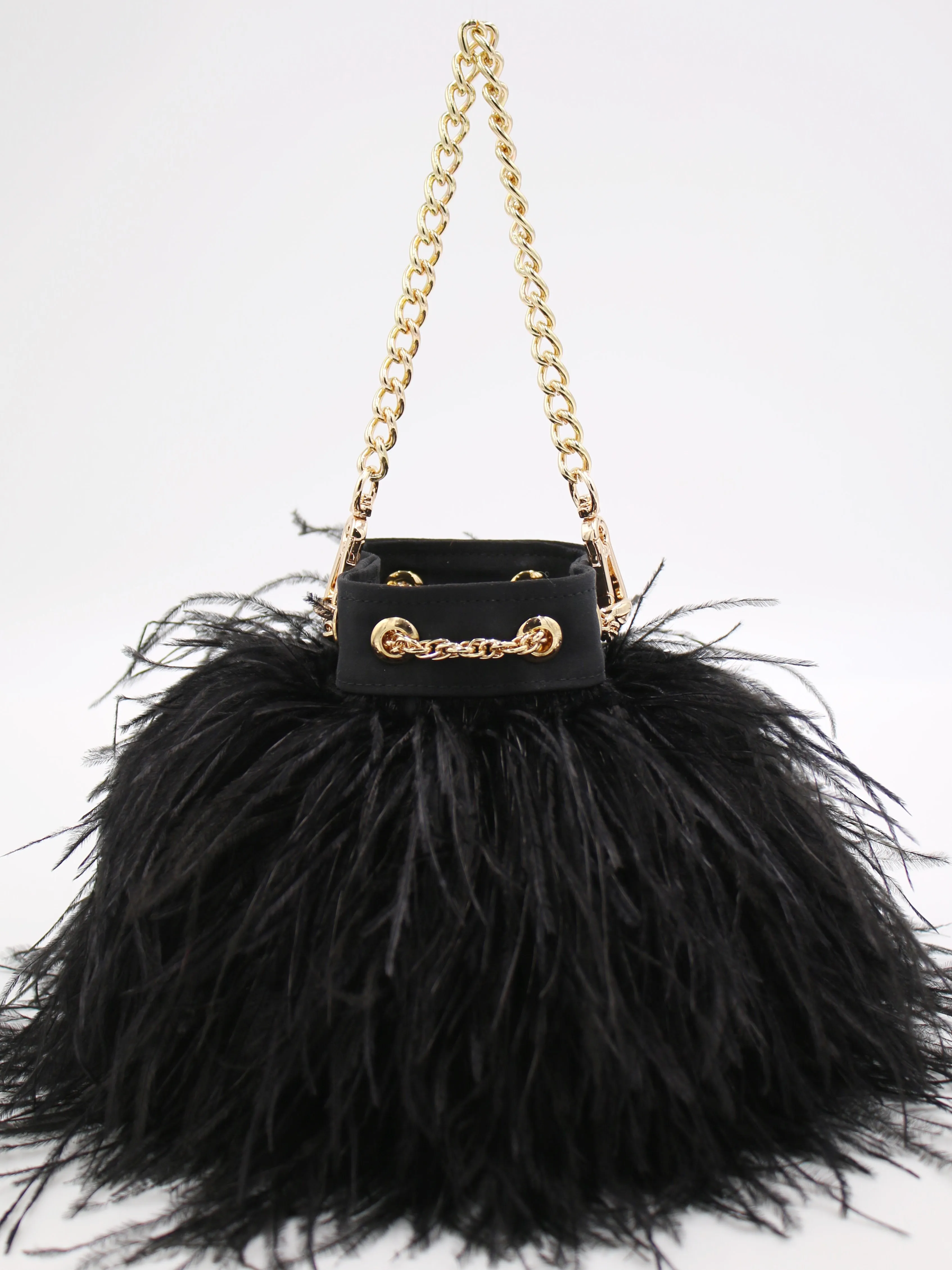 Ostrich Feather Bucket Bag | Onyx & Gold | Mini | Made to order