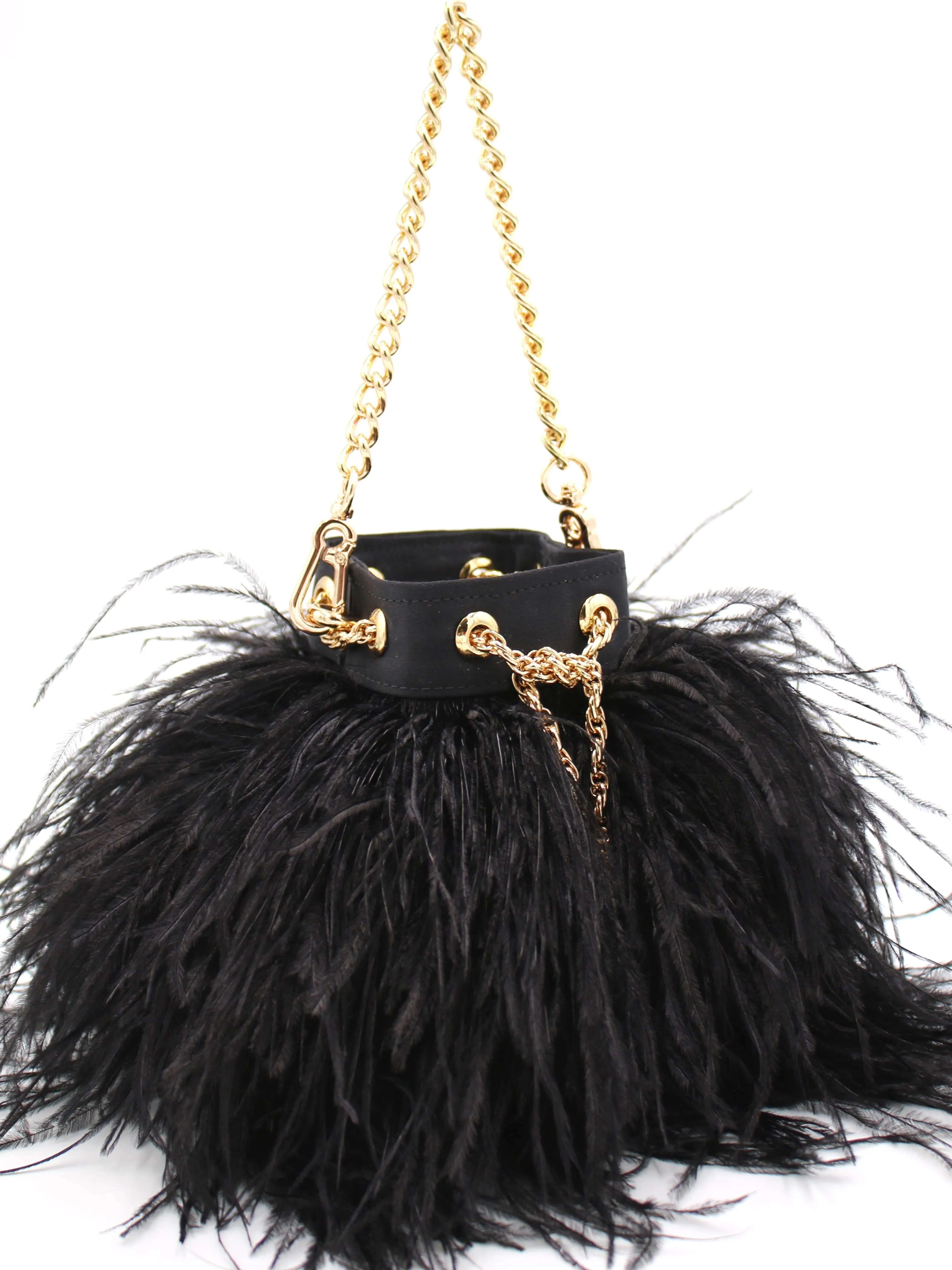 Ostrich Feather Bucket Bag | Onyx & Gold | Mini | Made to order