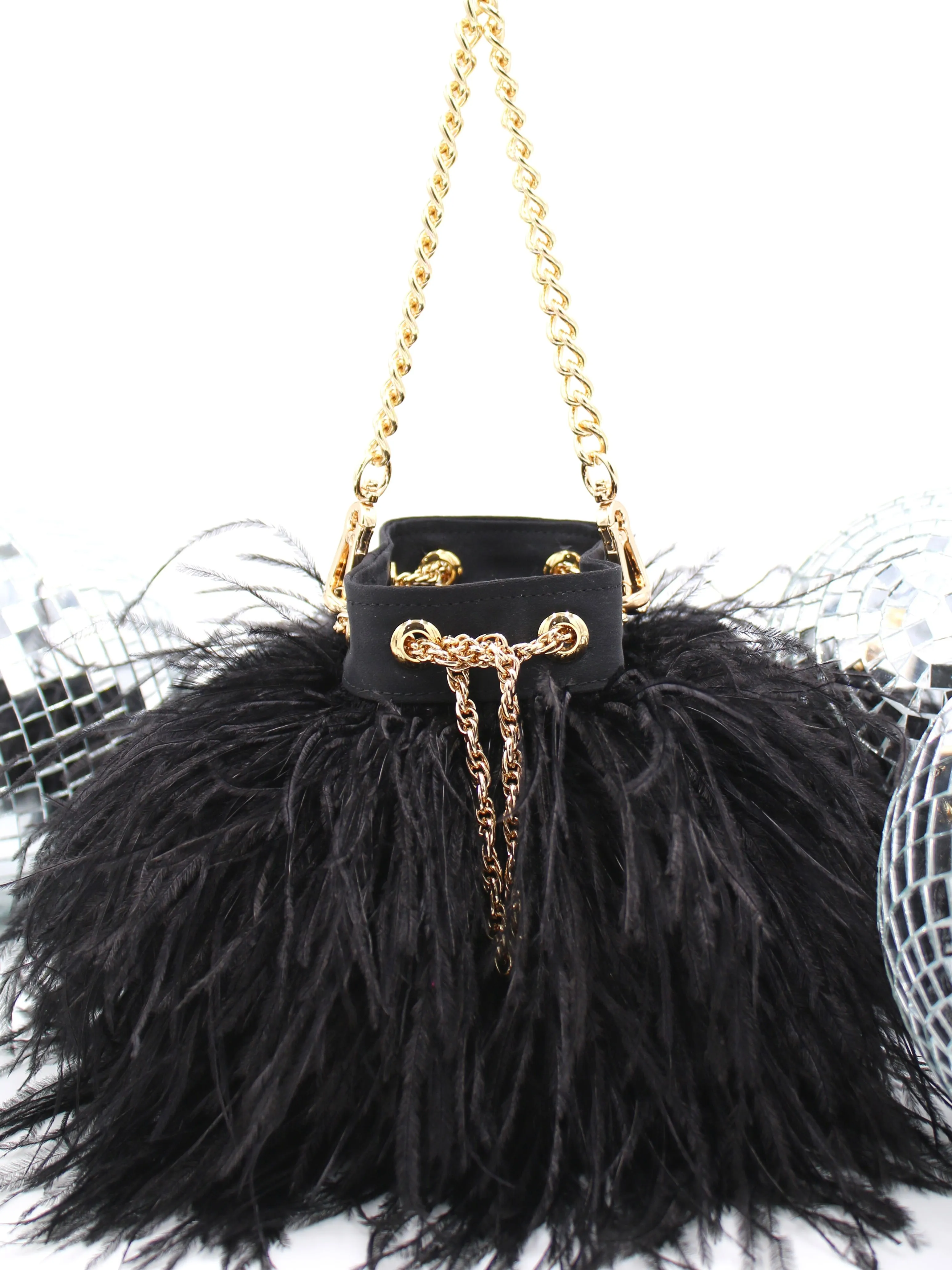 Ostrich Feather Bucket Bag | Onyx & Gold | Mini | Made to order