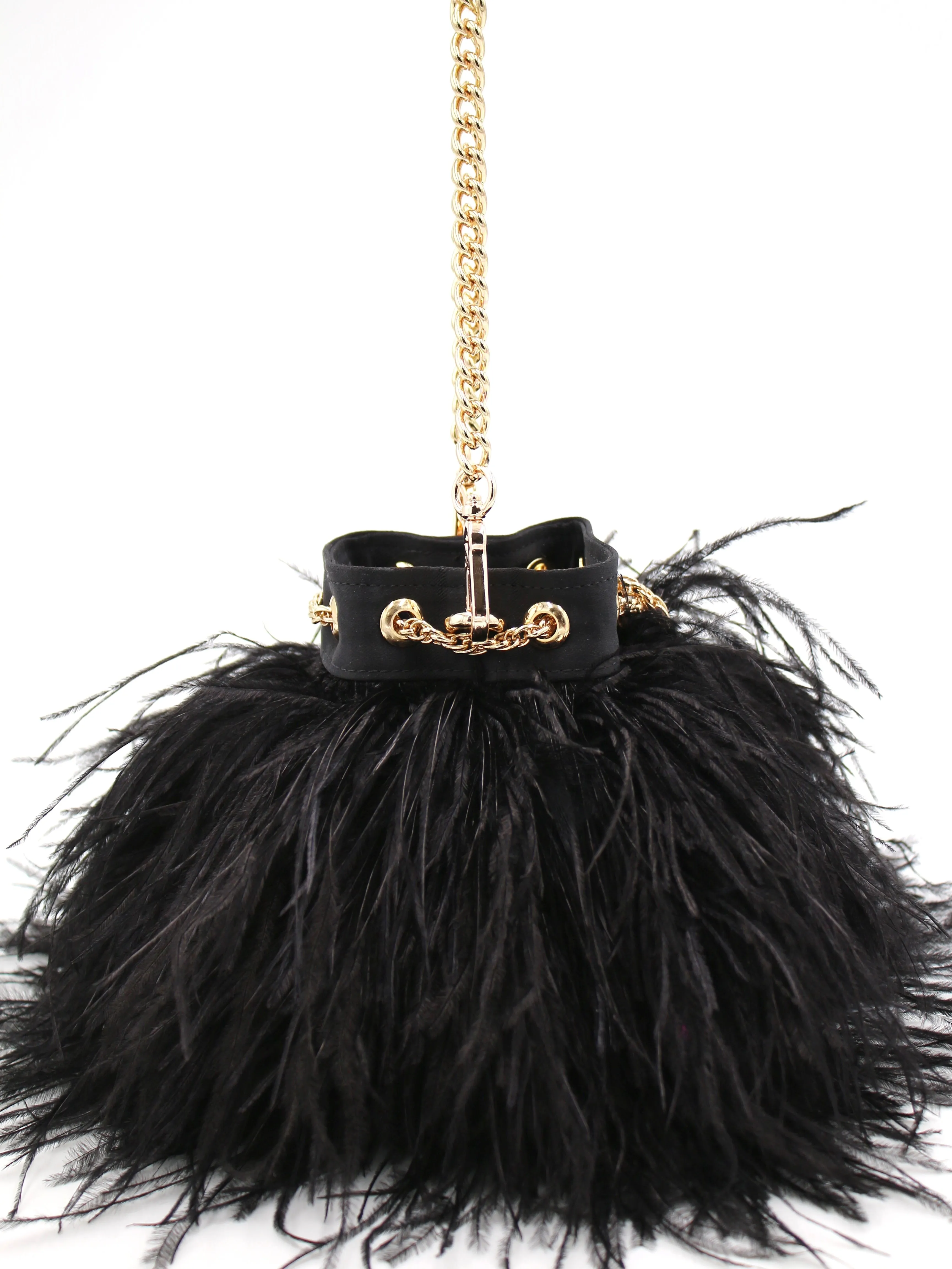 Ostrich Feather Bucket Bag | Onyx & Gold | Mini | Made to order