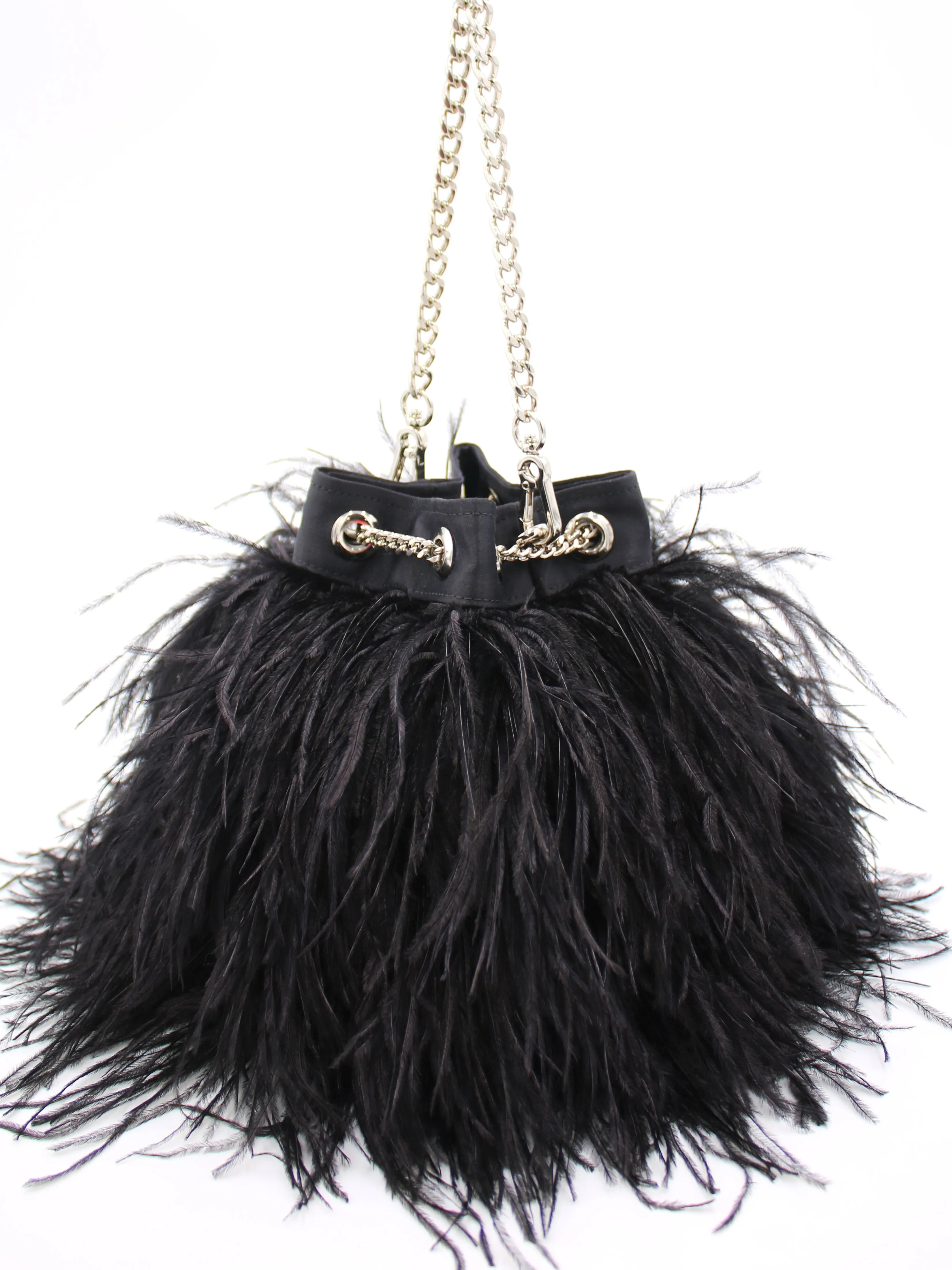Ostrich Feather Bucket Bag | Onyx & Silver | Large | Made to order