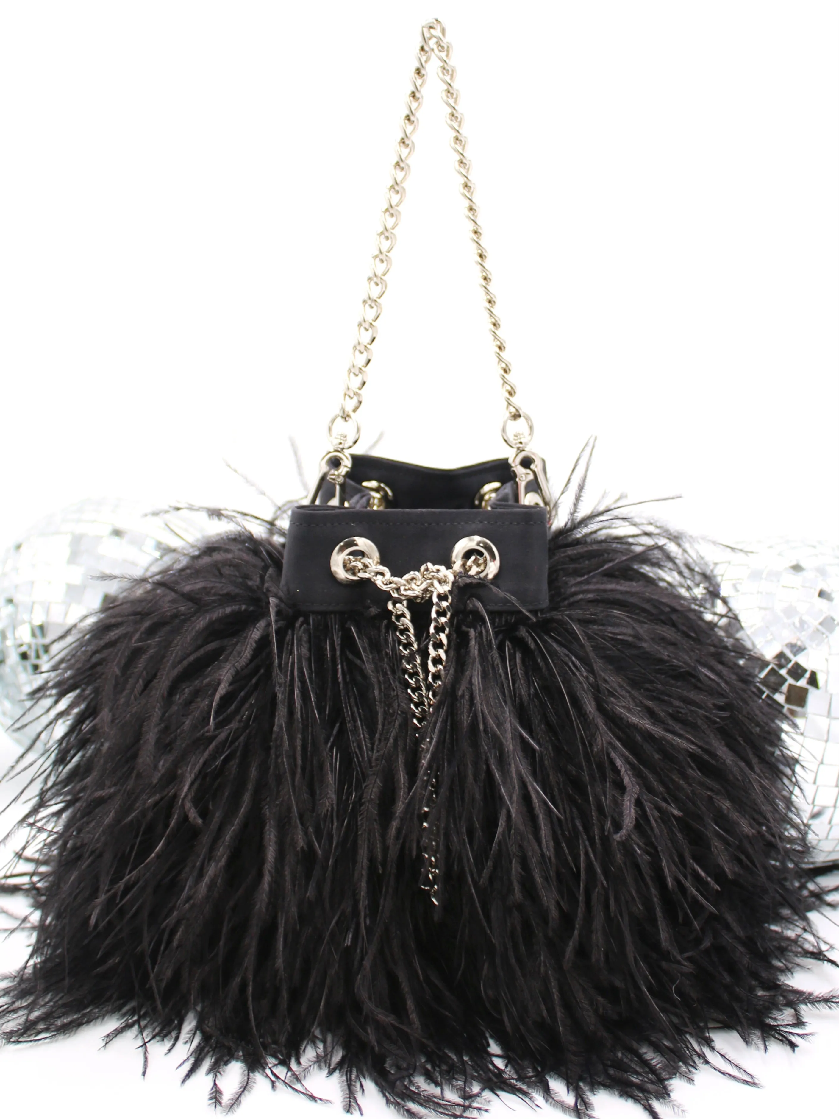 Ostrich Feather Bucket Bag | Onyx & Silver | Large | Made to order