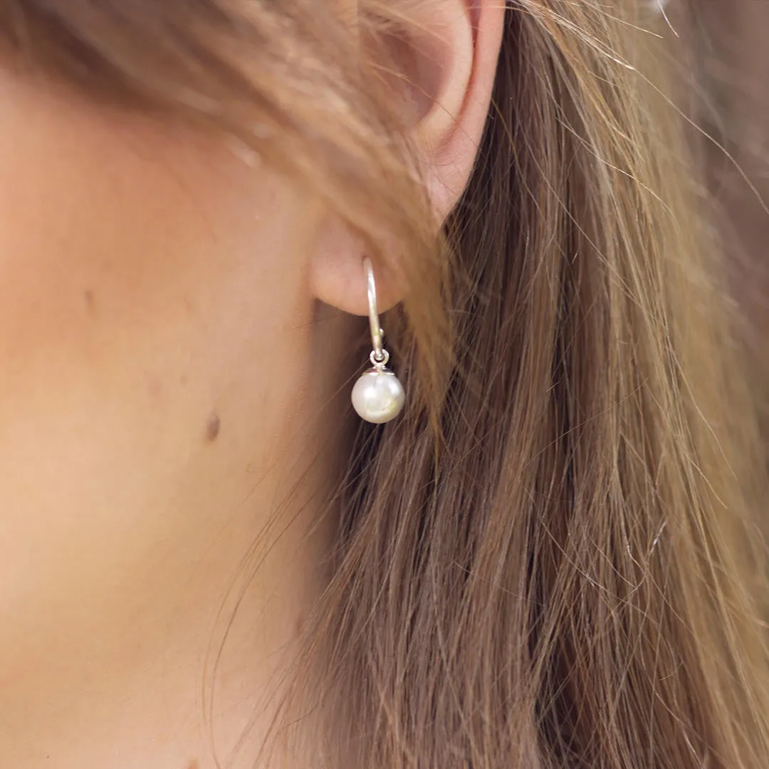 Round Pearl Drop Hoop Earrings | Ivory - Silver
