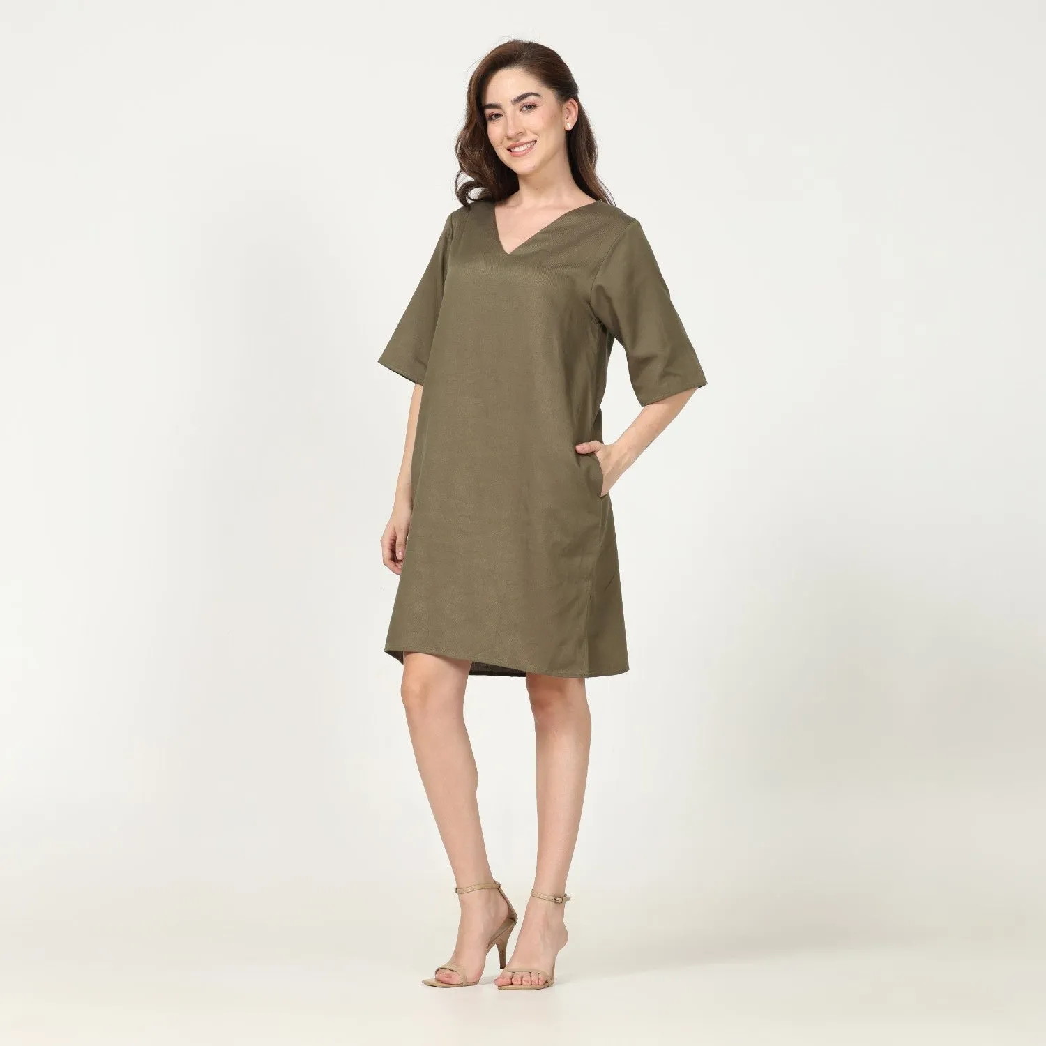 Straight Fit Knee Length Olive Green Dress | Cotton & Hemp Fabric | Comfort & Style