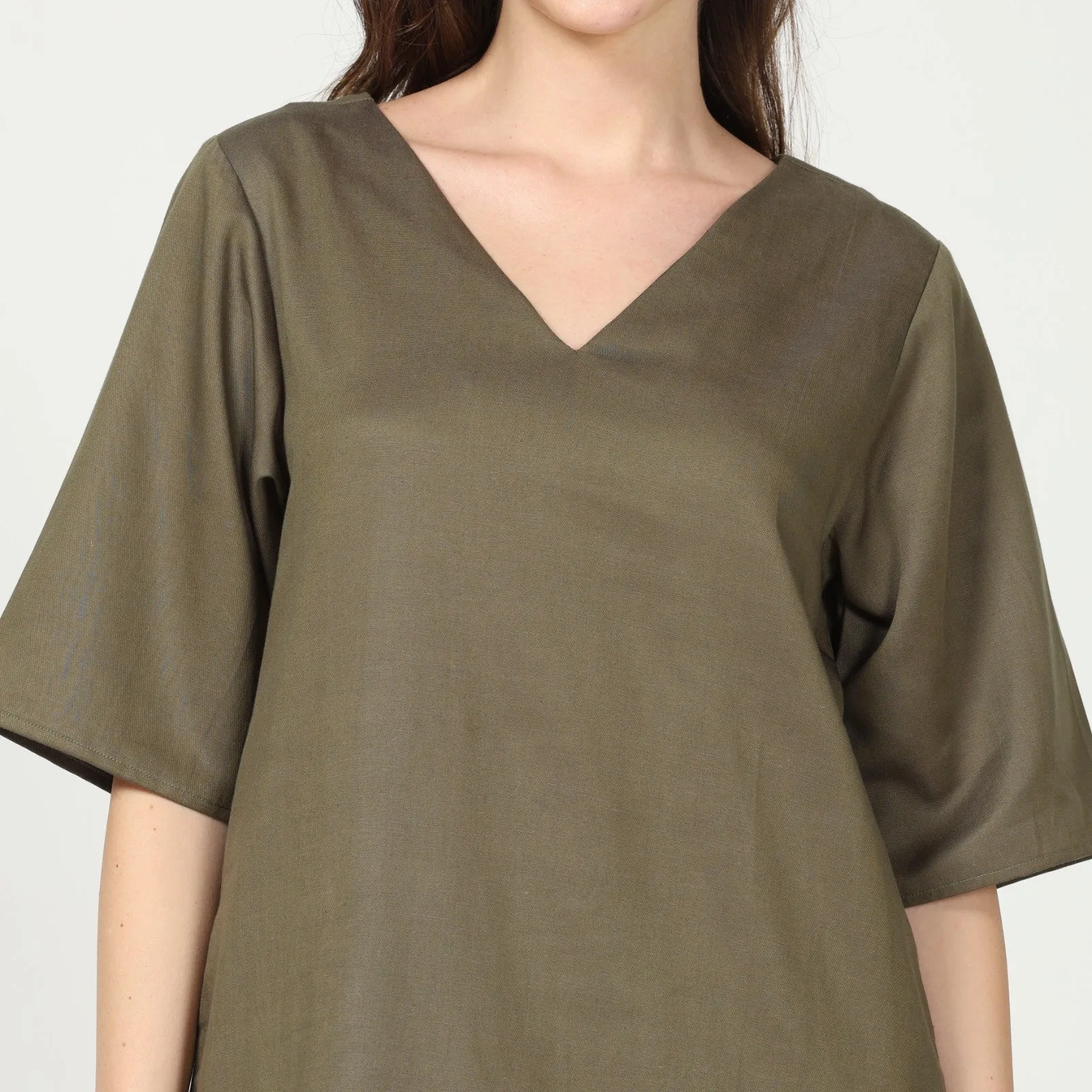 Straight Fit Knee Length Olive Green Dress | Cotton & Hemp Fabric | Comfort & Style