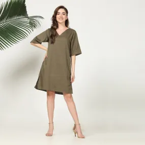 Straight Fit Knee Length Olive Green Dress | Cotton & Hemp Fabric | Comfort & Style