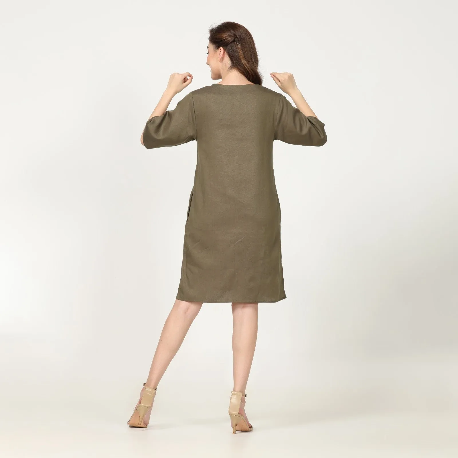 Straight Fit Knee Length Olive Green Dress | Cotton & Hemp Fabric | Comfort & Style