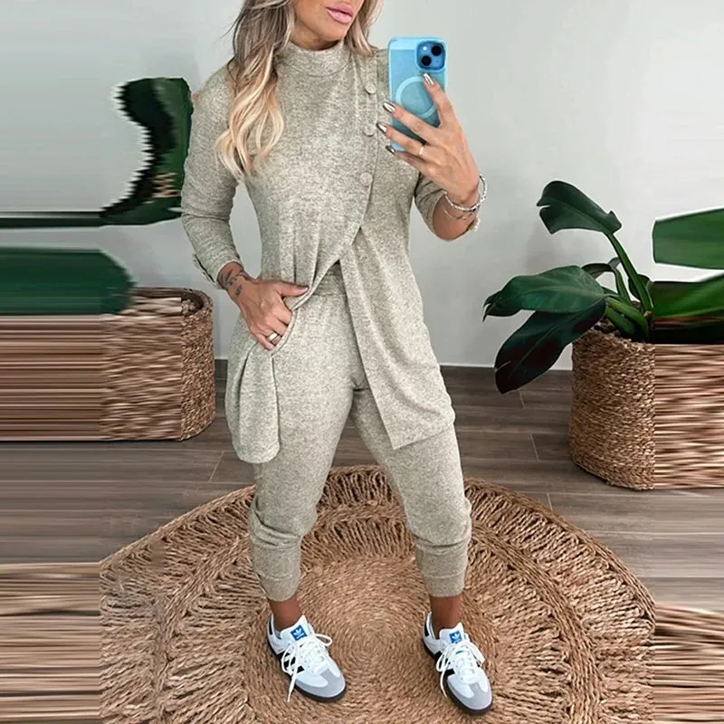 UAKISS  -  2024 Autumn Long Sleeved Loose Homewear Outfits Casual Women Solid Set Elegant Turtleneck Button Top   Elastic Waist Pants Suit