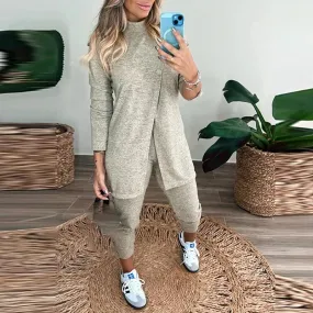 UAKISS  -  2024 Autumn Long Sleeved Loose Homewear Outfits Casual Women Solid Set Elegant Turtleneck Button Top   Elastic Waist Pants Suit