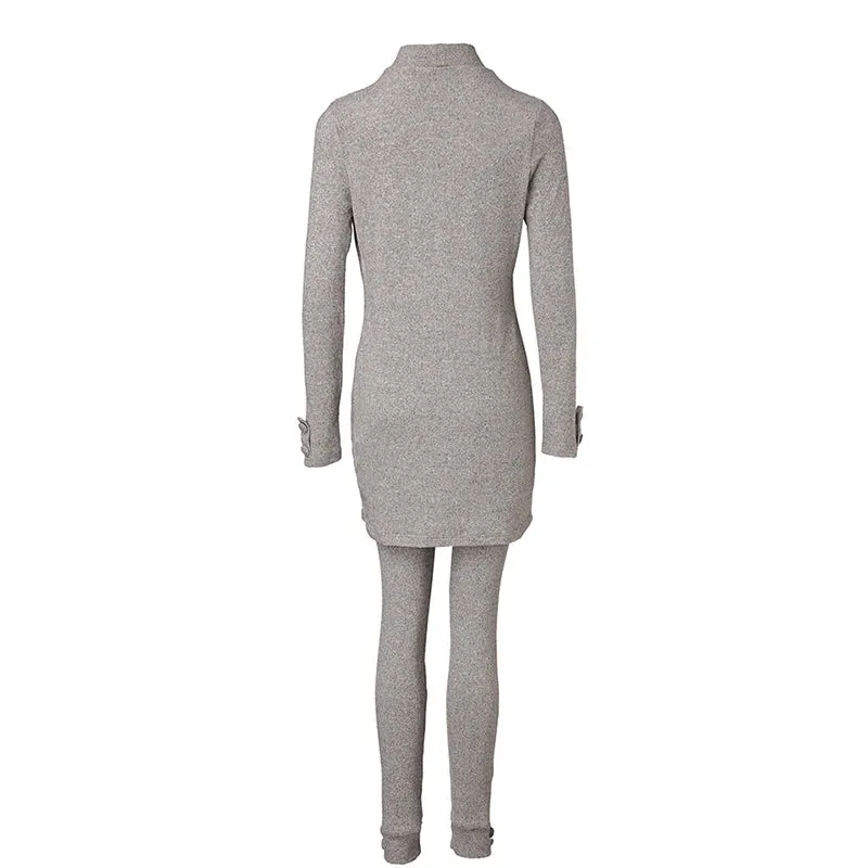 UAKISS  -  2024 Autumn Long Sleeved Loose Homewear Outfits Casual Women Solid Set Elegant Turtleneck Button Top   Elastic Waist Pants Suit