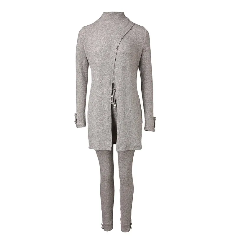 UAKISS  -  2024 Autumn Long Sleeved Loose Homewear Outfits Casual Women Solid Set Elegant Turtleneck Button Top   Elastic Waist Pants Suit