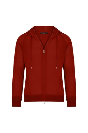Wool Traveler Knit Zip-Front Hooded Sweater in Burnt Orange