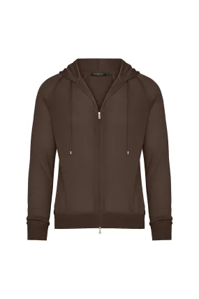 Wool Traveler Knit Zip-Front Hooded Sweater in Heathered Bark